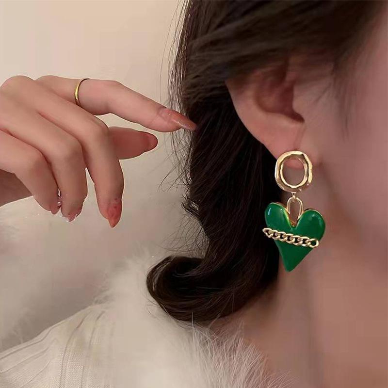 Anting Tusuk Gantung Bahan Sterling silver 925 Desain Hati Hijau Gaya Korea Untuk Wanita