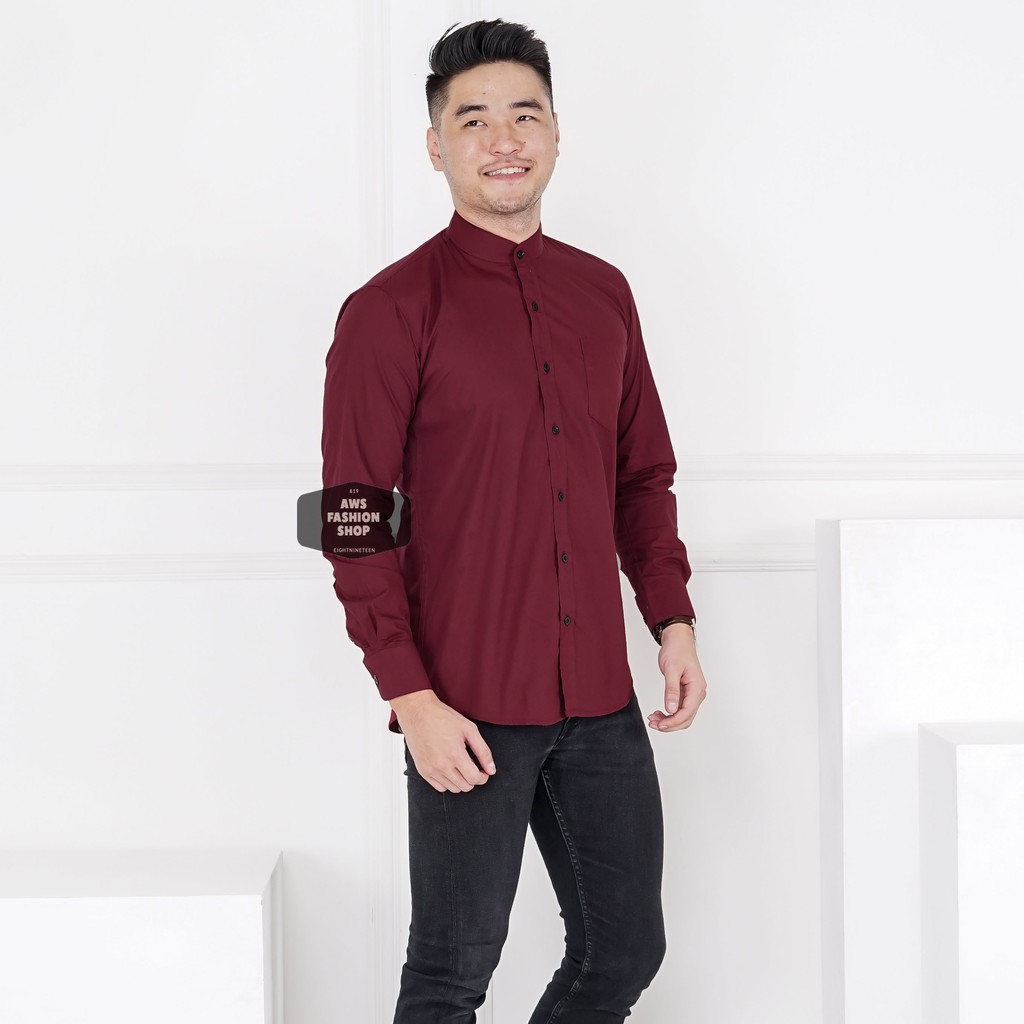 Baju Hem Kemeja Lengan Panjang Pria Merah Maroon Red Kerah Shanghai Polos Slimfit Casual 3305