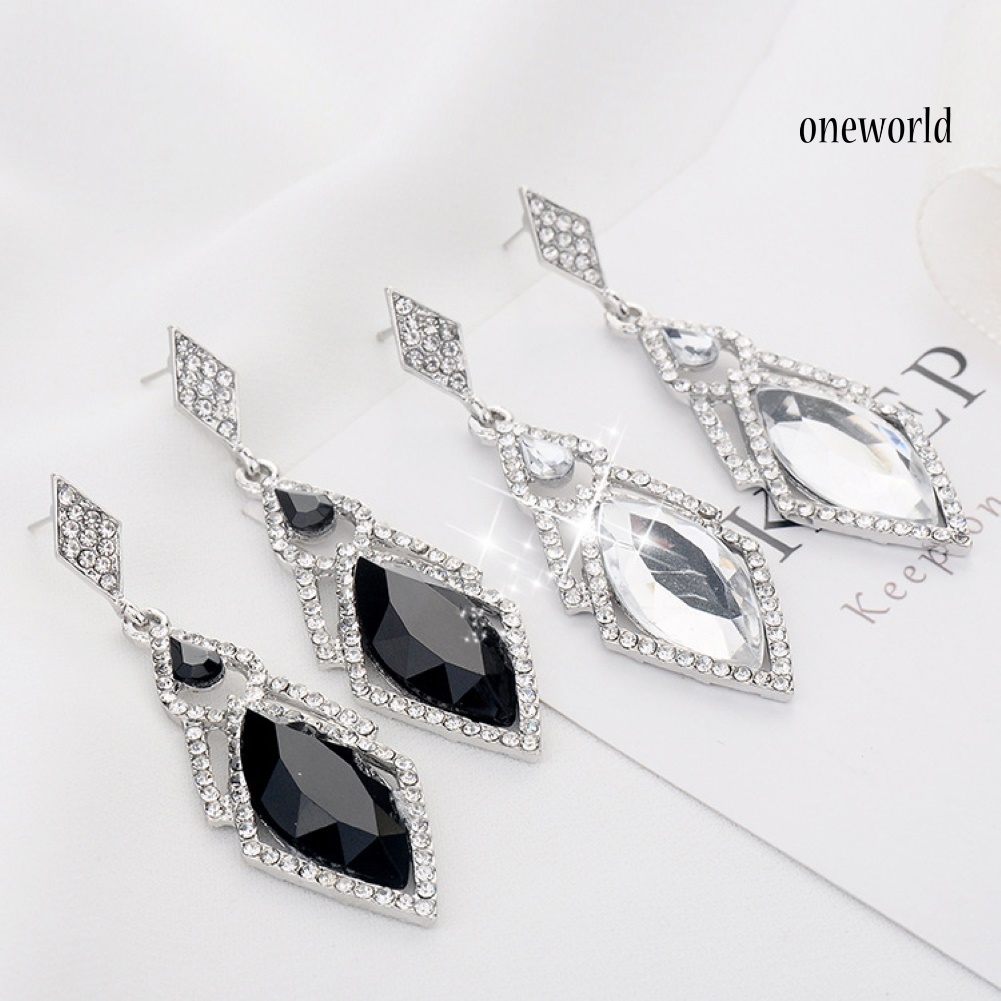 OW# Women Full Rhinestone Faux Crystal Rhombus Dangle Stud Earrings Party Jewelry