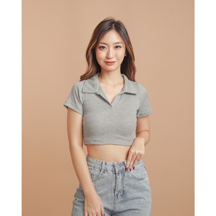 MODAVIE - LAURINE CROP TOP Korea Knit Polo Crop Tee Baju Atasan Wanita Basic Tee