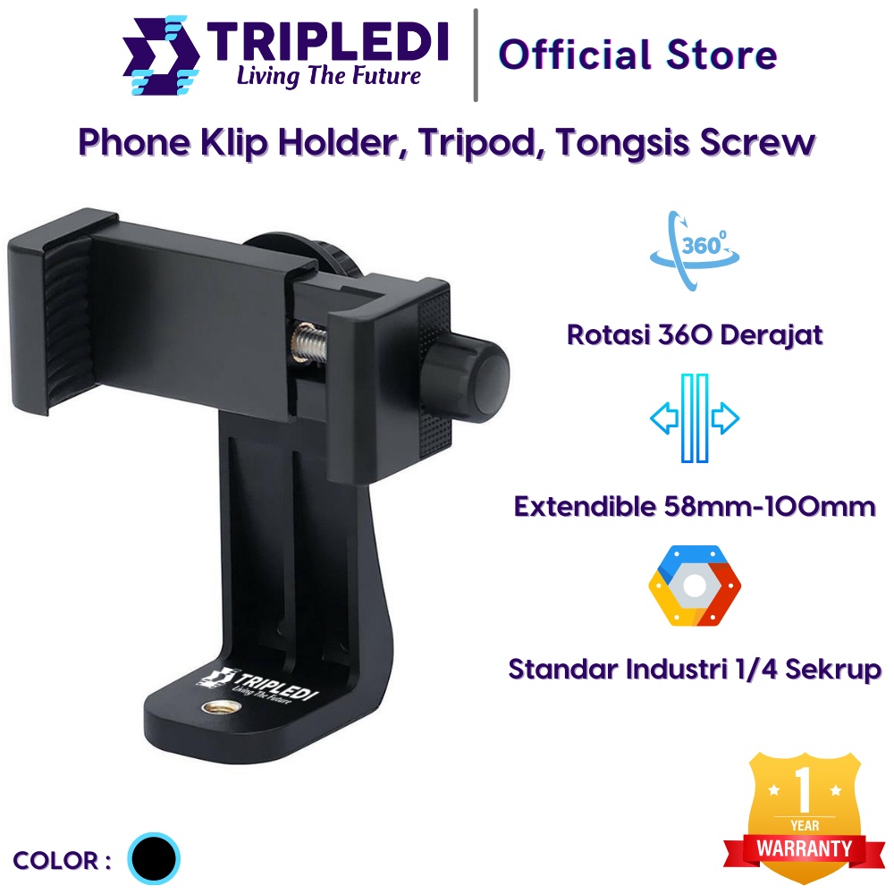 TRIPLEDI Phone Klip Stand Screw Baut Tongsis Tripod Selfie Stick Flash Light Dudukan Handphone Ponsel Rotatable  360 Derajat Horizontal Vertikal Universal IOS Android iPhone Samsung Extendable-Hitam