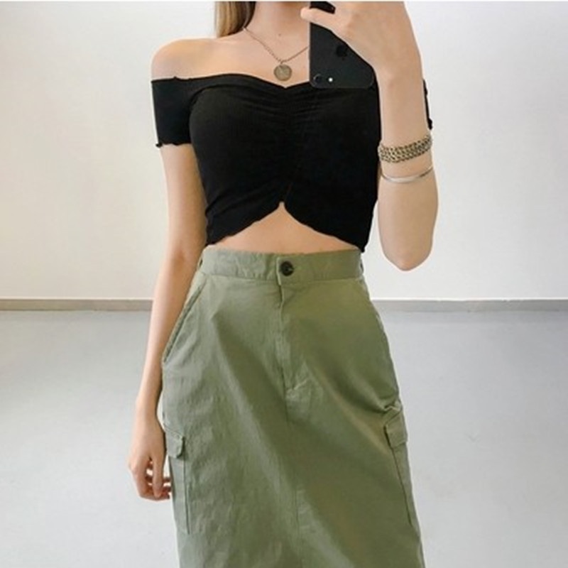 #Sisjuly# 2022Wanita Lengan Panjang Korea Ketat Atasan Midriff-BaringinsOff-The-Shoulder Klavikula Pendek Bott