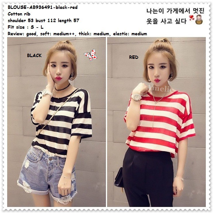 Baju Atasan Kaos Rajut Garis Hitam Merah Putih Wanita Blouse Korea AB936491