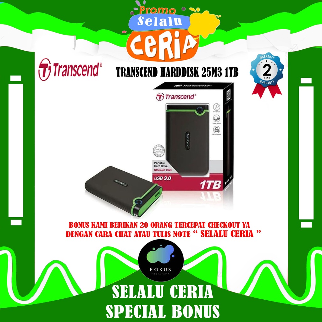 Transcend StoreJet 25M3 1TB - HDD HD Hardisk Eksternal External Antishock