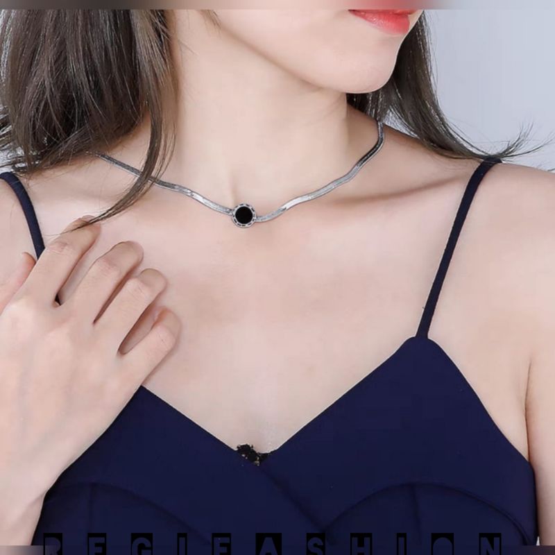 Kalung Titanium Anti Karat Bugari Pipih/Liontin Bulat Kalung Wanita