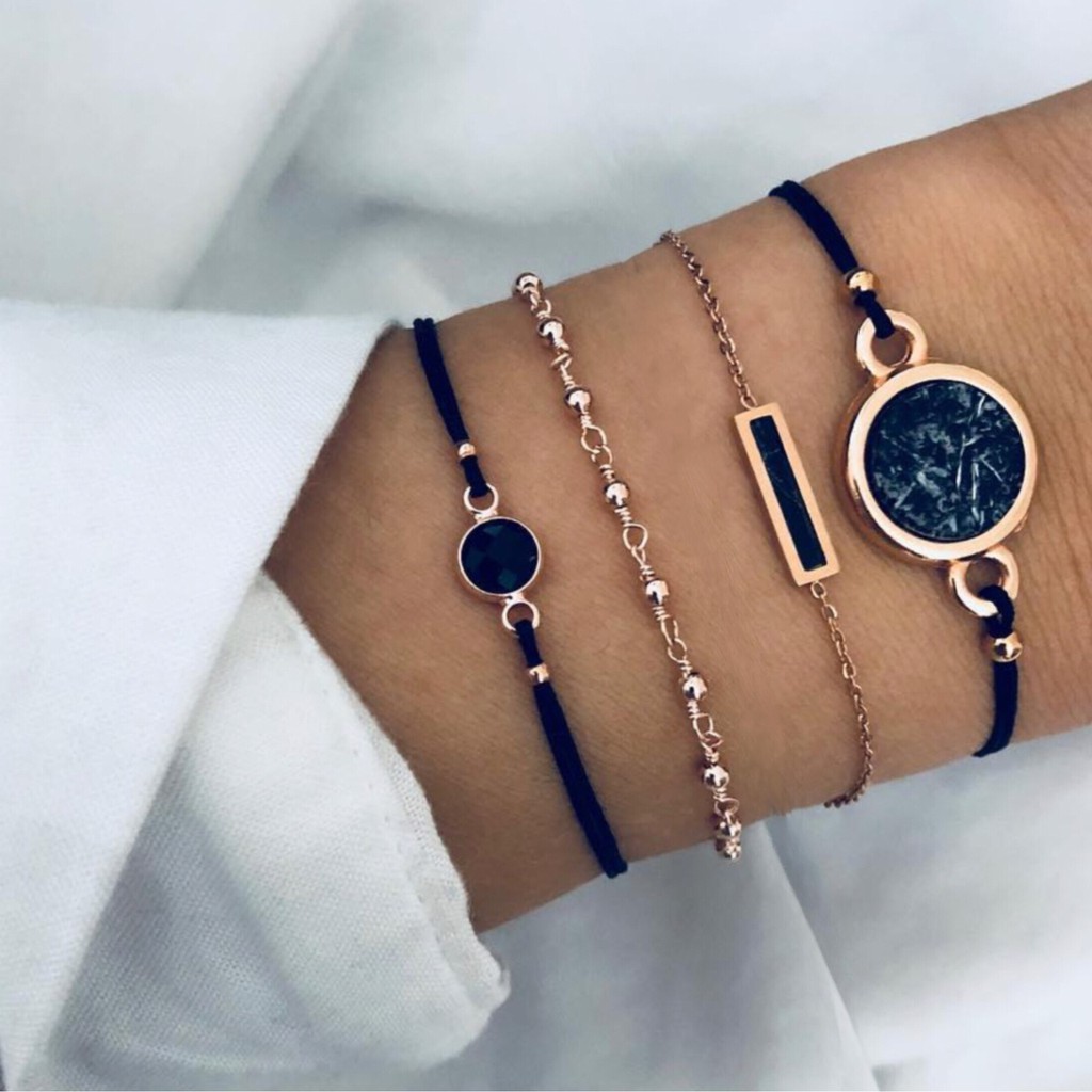 4pcs / Set Gelang Tali Hitam Gaya Korea Untuk Wanita