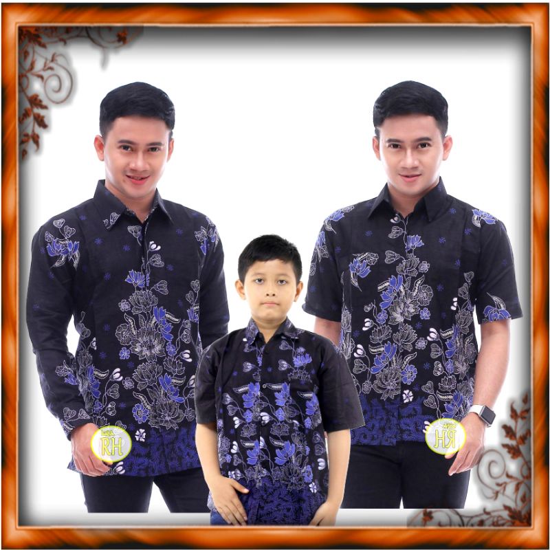 BAJU BATIK COUPLE AYAH ANAK MOTIF SAKURA BIRU,KEMEJA BATIK COWOK, BATIK COUPLE ANAK AYAH
