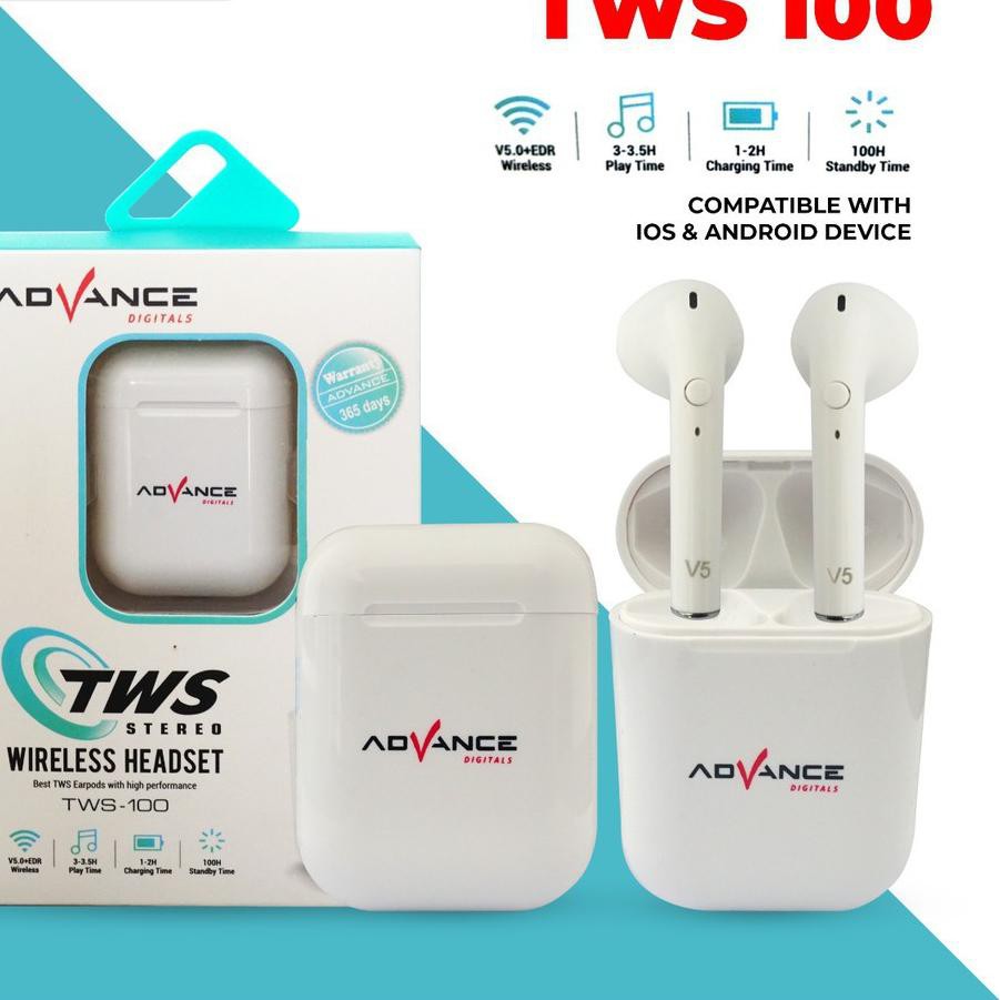 Koleksi Terbaru HEADSET EARPHONE BLUETOOTH ADVANCE TWS-100 WHITE V.2| Garansi 1 tahun | GT7