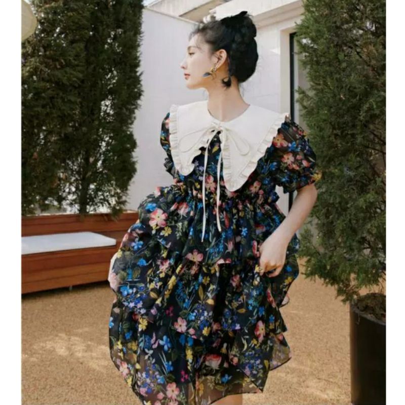 MDLV ~ 1894# Rosaria Tiered Mini Dress Layer Flower Dress Premium Korea Fashion import