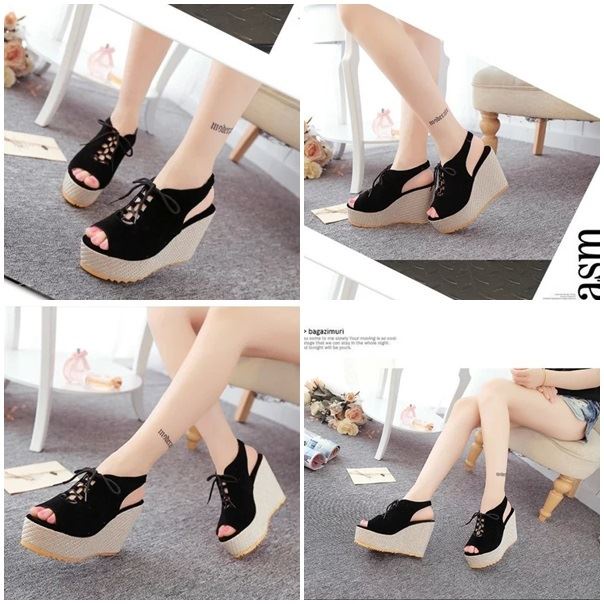 BJS507 - BEIGE/BLACK/PURPLE - Sepatu Wedge Wanita Cantik Elegan Import 9CM SEPATU PESTA WANITA HIGH HEELS MODEL TALI SEPATU HAK FASHION IMPORT TERMURAH TERLARIS TERBARU BAGSTORE JAKARTA JSW507