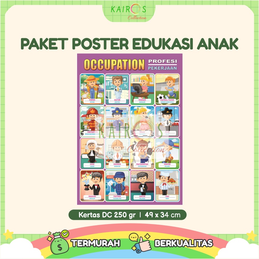 Paket 10 Pcs Poster Edukasi Anak Belajar Huruf Hijaiyah, Hewan, Buah, Transportasi, Huruf, Angka