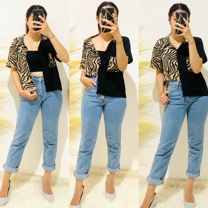Kemeja Two Tone wanita / kemeja crop wanita