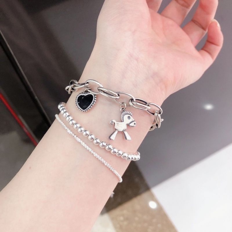 FerenHongXia Vintage Simple Pony Pendant Bracelet Spade Heart Thick Chain Bracelet Gelang Pony