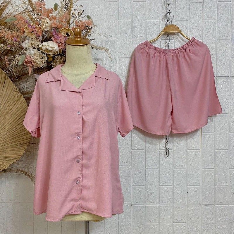 PIYAMA KANCING PENDEK | PIYAMA RAYON | BAJU TIDUR RAYON-KCB SOFT PINK