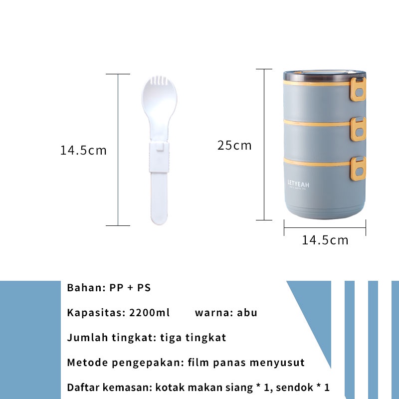 Letyeah &amp; Kaizenliving Lunch box 3 susun anti tumpah 2200ml / tempat makan kotak makan portable / BPA free