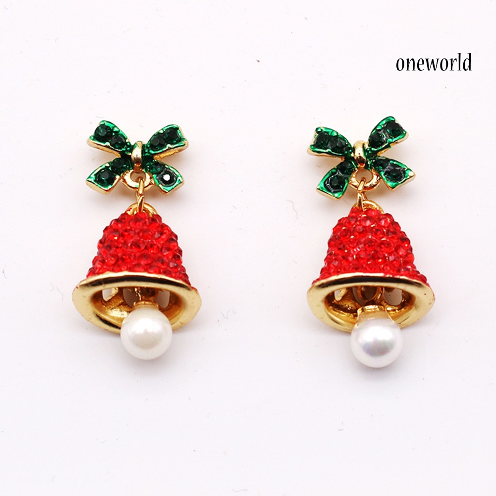 OW# Women Rhinestone Wind Chime Bell Bow Faux Pearl Stud Earrings Xmas Jewelry Gift