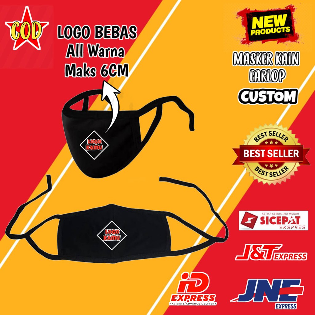 Masker Kain Earlop Custom Logo Satuan / Kata Bebas Sablon DTF Cowo / Cewe / Masker Kain Custom