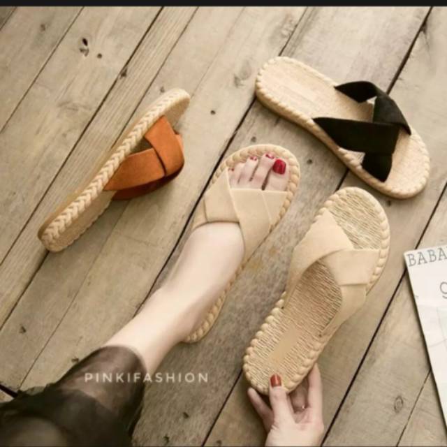 Sandal cantik wanita/sandal selop/motip pita silang/etnik suede