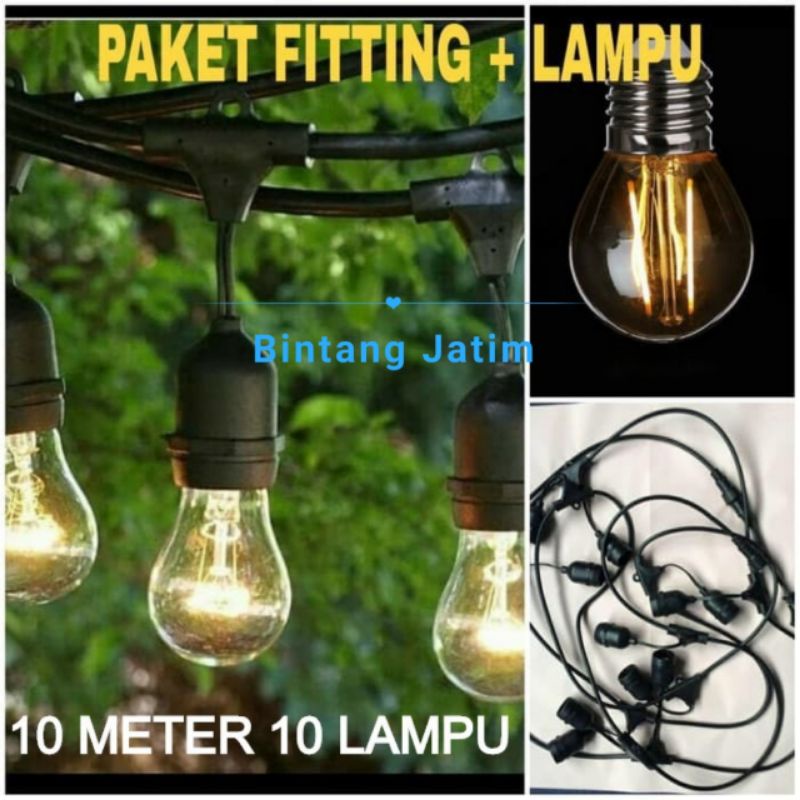 paket lampu gantung cafe 10 meter + lampu 10 pcs fiting lampu gantung outdoor 10m 10 fiting