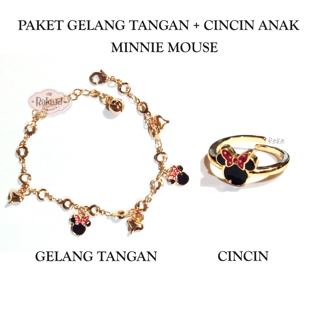 Paket Set Anak Gelang Tangan + Cincin Anak MInnie Mouse Pita Hitam Perhiasan Anak 1046