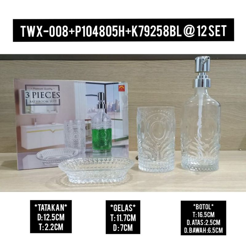 BATHROOM SUIT GLASS SET 3 PCS ORIGINAL/TEMPAT SABUN HOTEL/TEMPAT SABUN CAIR
