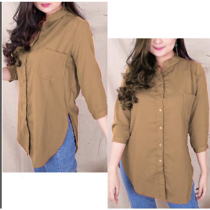 REAL PICTURE Blouse / Kemeja Wanita Lengan 7 per 8 / Kemeja Wanita BIG SIZE-Mocca