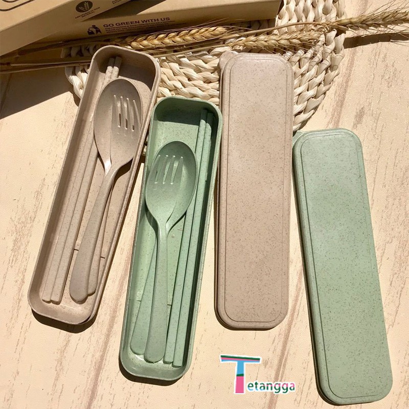 4 pcs Wheat straw Travel Cutlery Set Portabel Alat Makan Sendok Garpu Sumpit Chopsticks Dengan Kotak