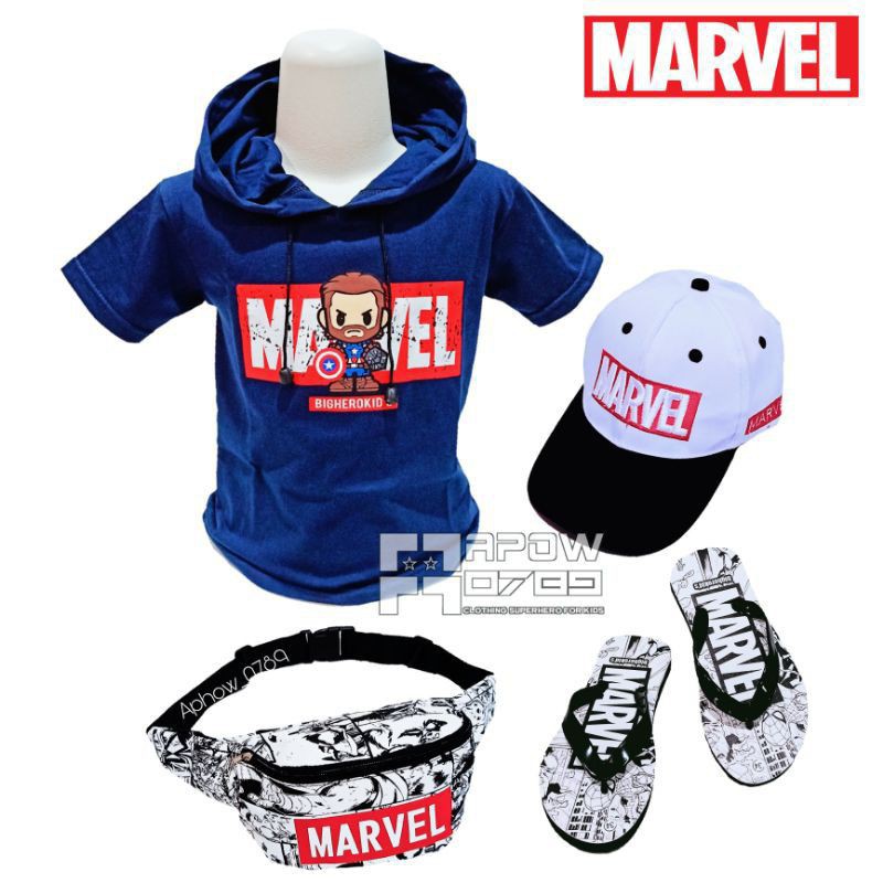 Kaos anak Marvel gratis topi sandal tas selempang - kaos anak