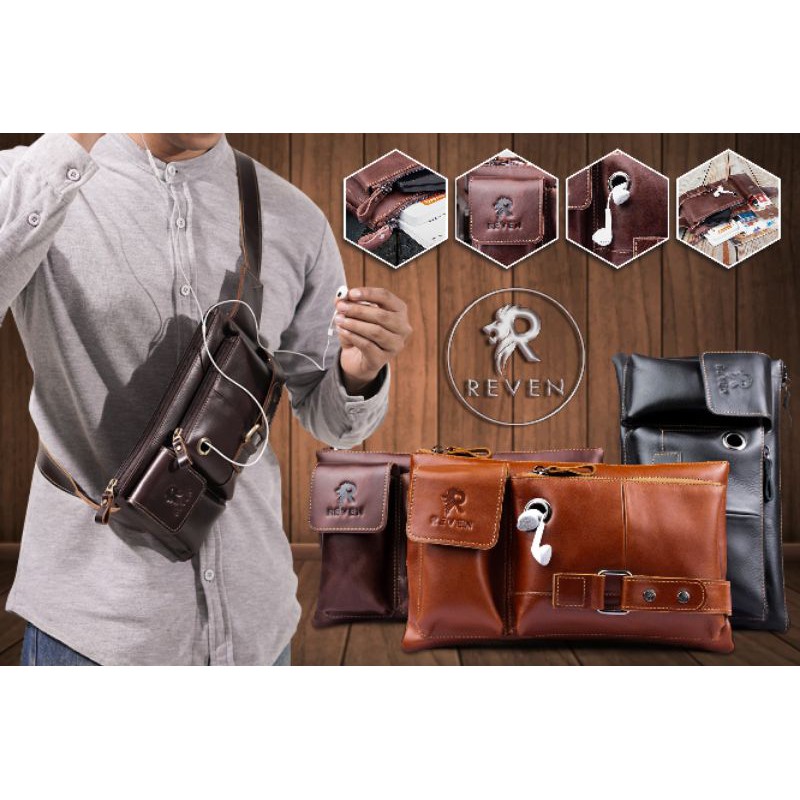 Tas Kulit Pria Asli Reven Waistbag Multifungsi Tas Kulit Cowok Original