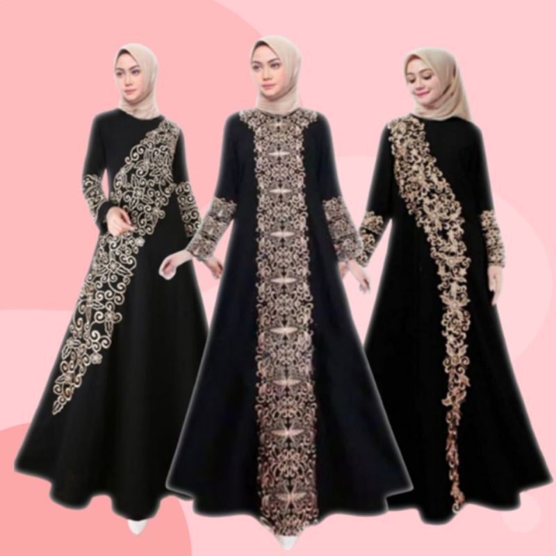 gamis hitam syari wanita dewasa ibu muslimah elegan model terbaru mewah baju dress abaya turkey bord