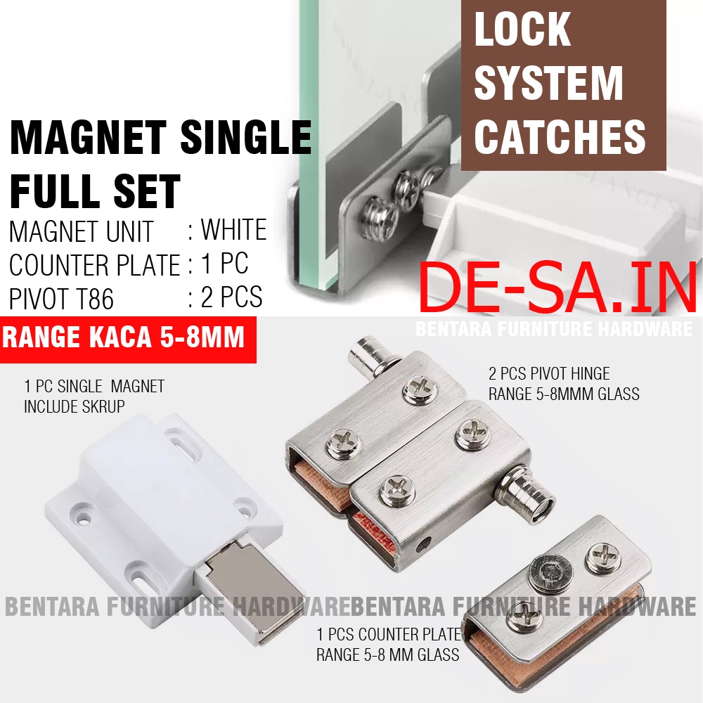 (BUNDLE SET UTK KACA 8MM )  MAGNET SINGLE  + PUSH + ENGSEL  PIVOT JEPIT PINTU KACA 8MM KABINET - PUSH SINGLE MAGNET + COUNTER PLATE + PIVOT HINGE  GLASS DOOR