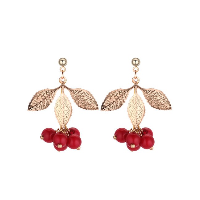 LRC Anting Tusuk Elegant Leaf&amp;beads Decorated Long Earrings