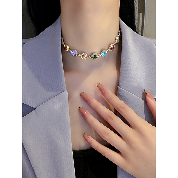 Kalung Choker Rantai Klavikula Kristal Geometris Warna-Warni Untuk Perhiasan Wanita