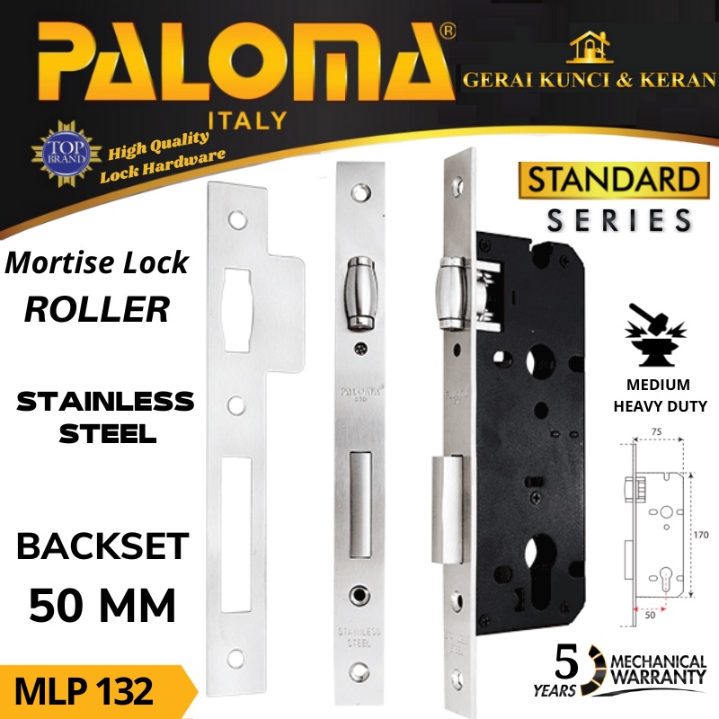 BODY KUNCI  PELOR PALOMA 50 MM MLP 132 STAINLESS STEEL MORTISE LOCK STANDARD ROLLER