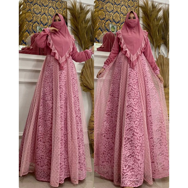 SULFYMOSLEEM/NURAIDA SYARI (GAMIS SET KHIMAR FREE MASKER) GAMIS PESTA BROKAT MIX CERUTY GOOD QUALITY