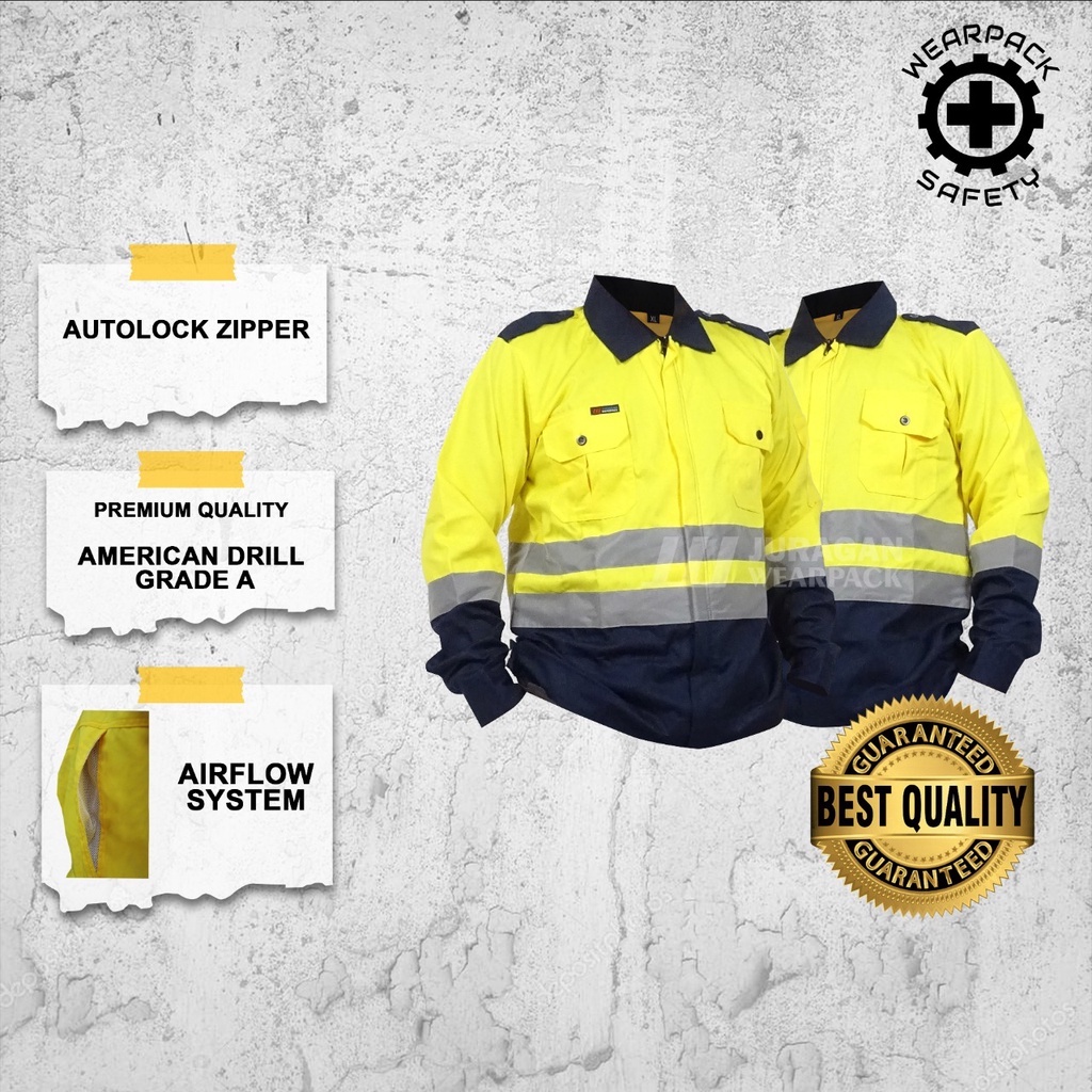 Baju Wearpack Safety Kerja / Wearpack Atasan Safety Warna Kuning Kombinasi Biru Navy