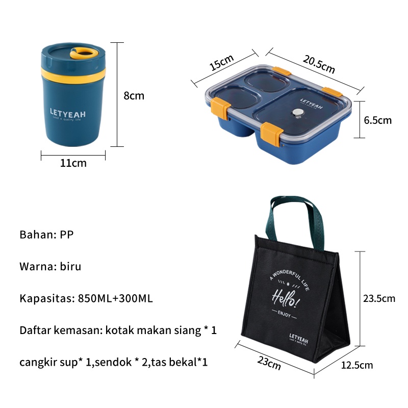 Letyeah &amp; Kaizenliving 3 grid kotak makan set tas Cangkir sup anti tumpah / Cutlery Set portable