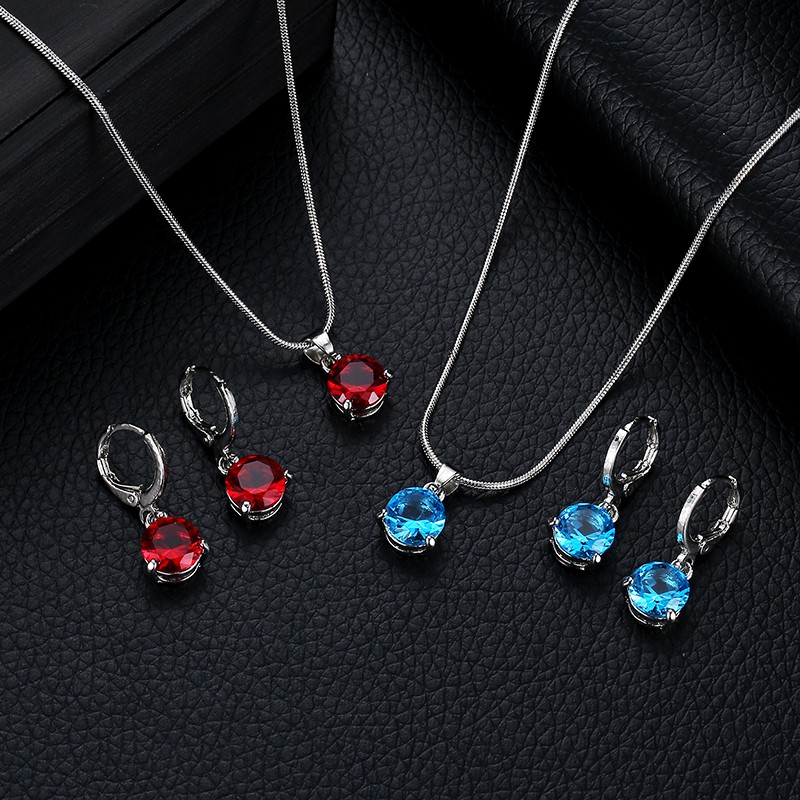 Kalung Fashion perhiasan temperamen anting kalung, Dua potong bulat multicolor zirkon liontin set