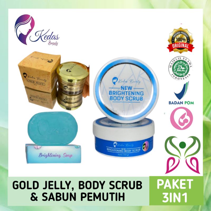 Kedas Beauty 3IN1 Sabun Pemutih Gold Jelly Body Scrub Original | Soap | Sabun Jerawat | Lulur | Crea