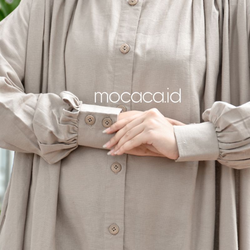 Dress Cream Elegan Ootd Hijabers bahan katun linen rami lengan kancing casual klasik dovey