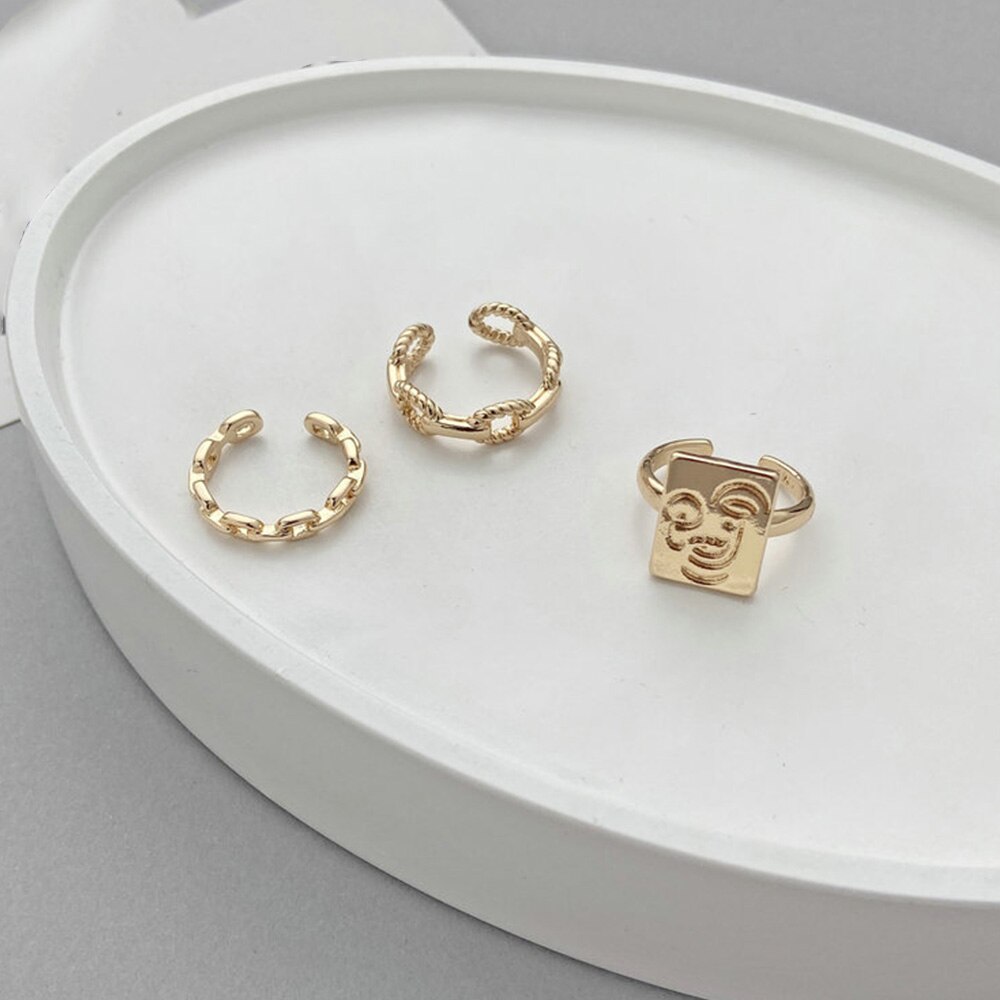 3pcs / Set Cincin Geometris Model Terbuka Bahan Logam Warna Emas Untuk Wanita