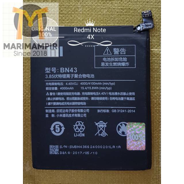 Marimampir Baterai Battery Batre Xiaomi Redmi Note 4X Snapdragon BN43 BN 43 Original 100%