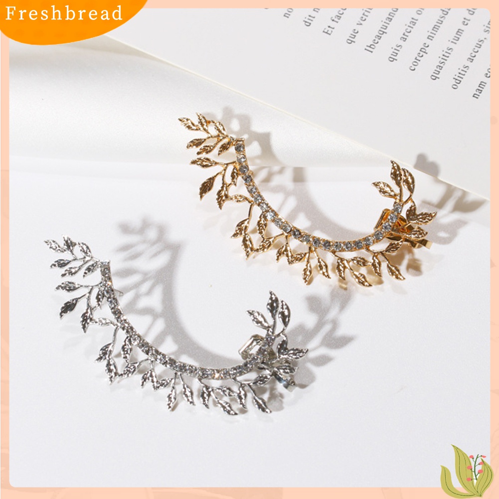 Fresh| 1pc Anting Klip On Vintage Desain Daun Hias Full Berlian Imitasi Untuk Wanita