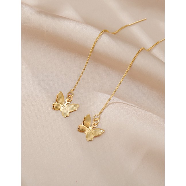 LRC Anting Tusuk Fashion Gold Color Butterfly Chain Alloy Earrings P09432