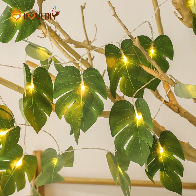 Lampu String Led 1.5 / 3m Tenaga Baterai Anti Air Bentuk Daun Palem Hijau Untuk Dekorasi Natal