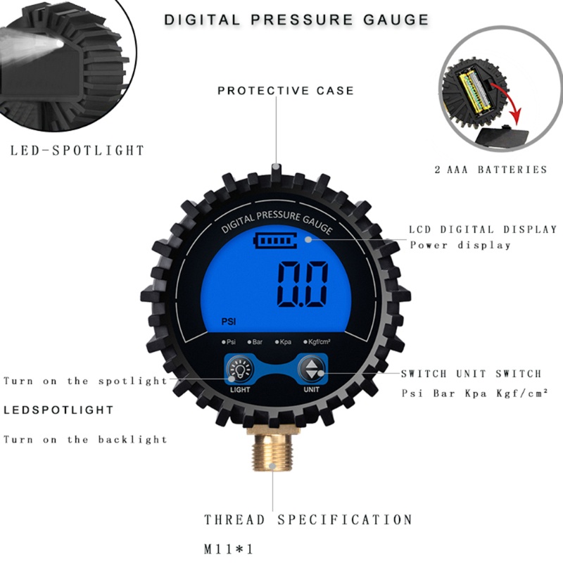 Alat Pengukur Tekanan Udara Digital Akurasi 0-200psi 1% Dengan Lampu LED Tenaga Baterai