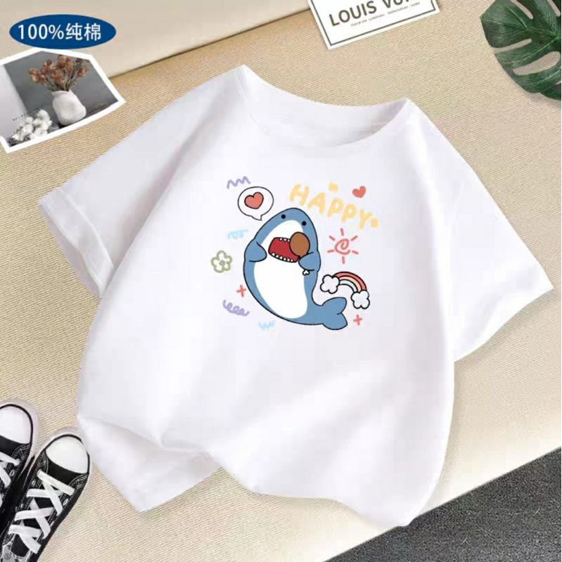 kaos Anak Cowo/Cewe Shark Happy Umur 2-10Tahun Baju Distro Anak Kaos Oblong Anak-Anak Cotton