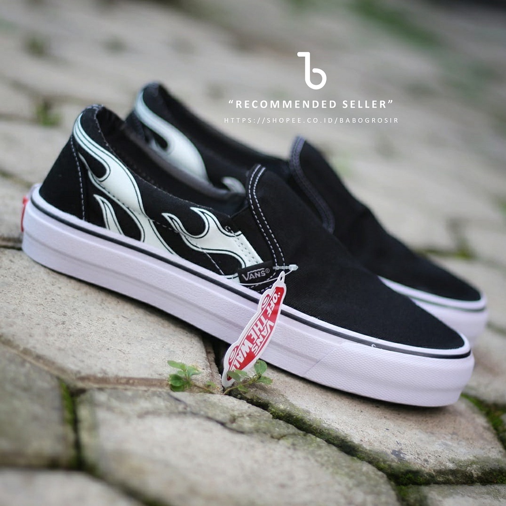 PROMO Sepatu Slip On Pria dan Wanita | Vans Slip On Flame Black White TOP Premium, Kualitas Original Harga Murah