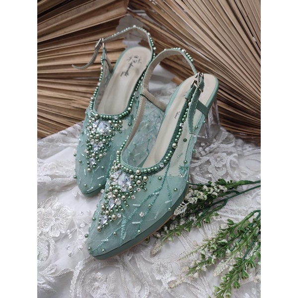 sepatu wanita wedding  kiyarisa sage green 7cm kaca