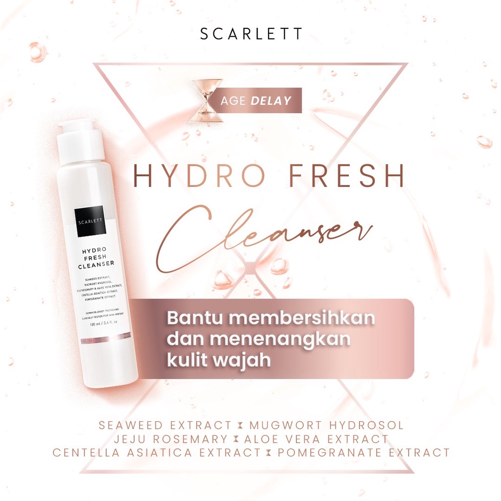 SCARLETT Whitening Hydro Fresh Cleanser Indonesia / Age Delay Series Skincare Anti Aging / Face Care Facial Wash Sabun Wajah / Essence Toner Serum Day Night Eye Cream Moisturizer Sunscreen Mask / Body Shower Scrub Lotion / Brightly Acne Package Paket Ful